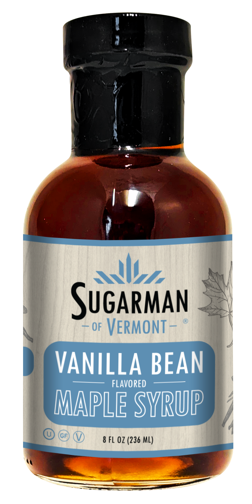 Bottle of Sugarman of Vermont vanilla bean flavored maple syrup, 8 fl oz.